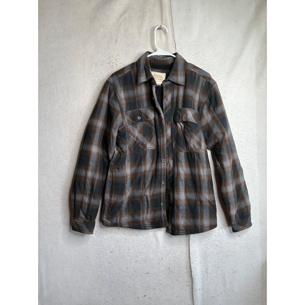 Boston Traders Mens Plaid Flannel Shirt Jacket Sherpa Lined Brown Gray Size M